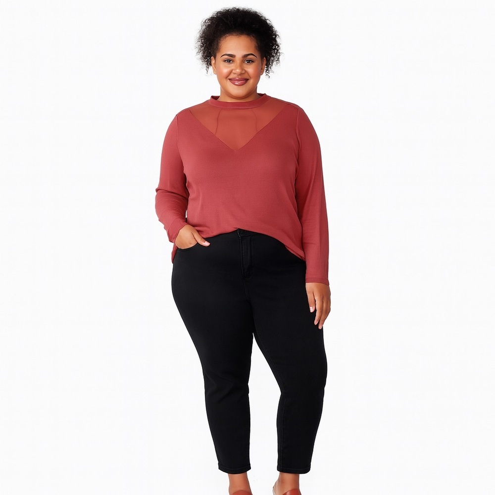 Jessica Simpson 1X Copper Sheer Panel Long Sleeve Top – Plus Size